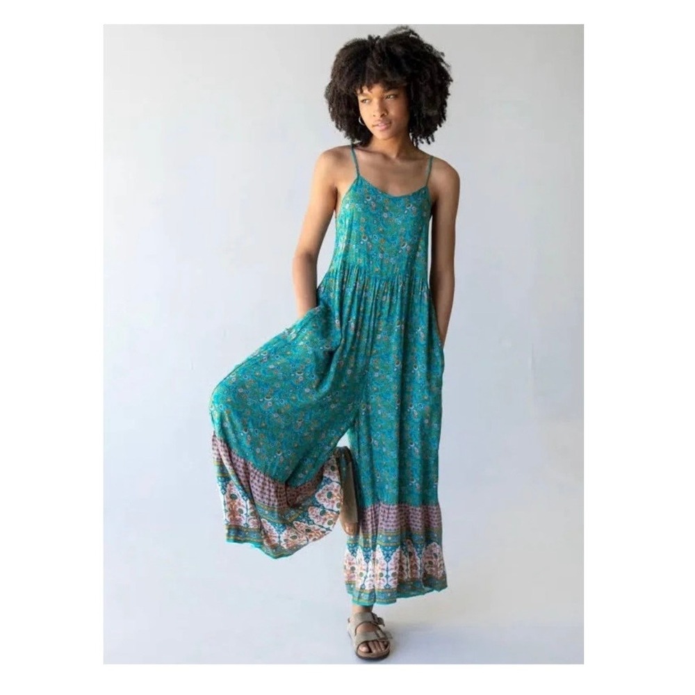Natural Life Zoe Floral Jumpsuit Wide Leg Sleeveless Turquoise XS
